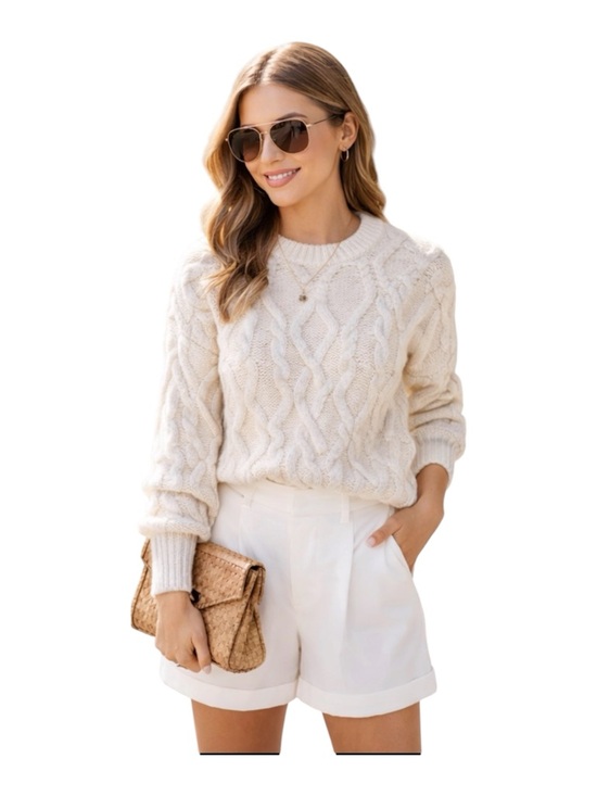 1. State Sweaters - 1. STATE Ivory Cable Knit Sweater XS Chunky Crewneck Cozy Chic Puff Sleeve